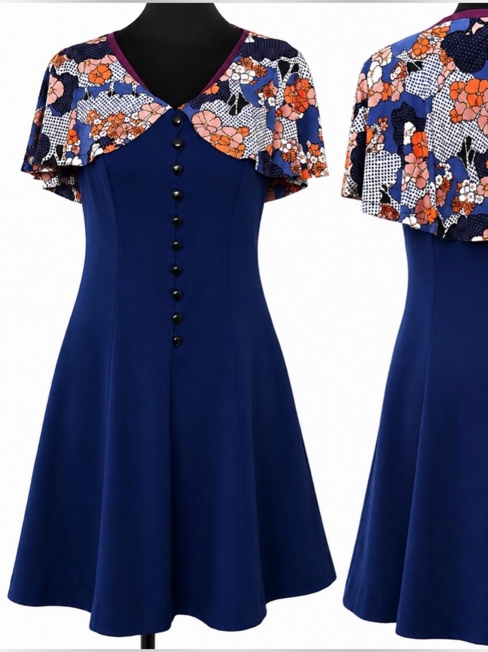 Vintage 70s Navy Floral Capelet A-Line Dress